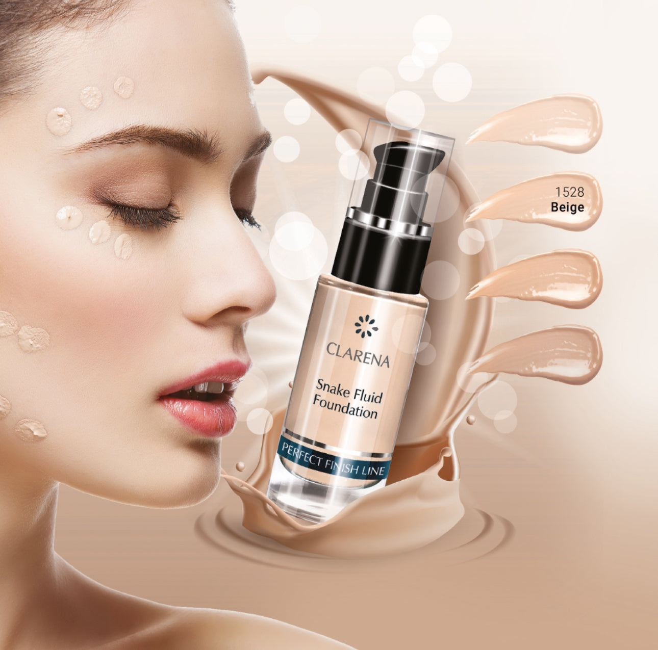 Clarena Snake Fluid Foundation Beige 30 ml – Løftende og mattende foundation med Syn-Ake peptider, inspirert av slangegift for anti-aging effekt. Perfekt for moden hud, gir høy dekkevne og en naturlig, jevn finish. Passer for fet, kombinert og normal hud.