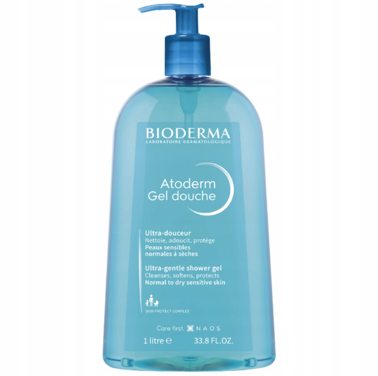 Bioderma Atoderm Ultra-Gentle Dusjgel 1000 ml – skånsom, såpefri kroppsvask for normal til tørr og sensitiv hud. Blå flaske med praktisk pumpe. Dermatologisk testet, mild formel med fuktighetsgivende ingredienser. Perfekt for daglig bruk for hele familien.