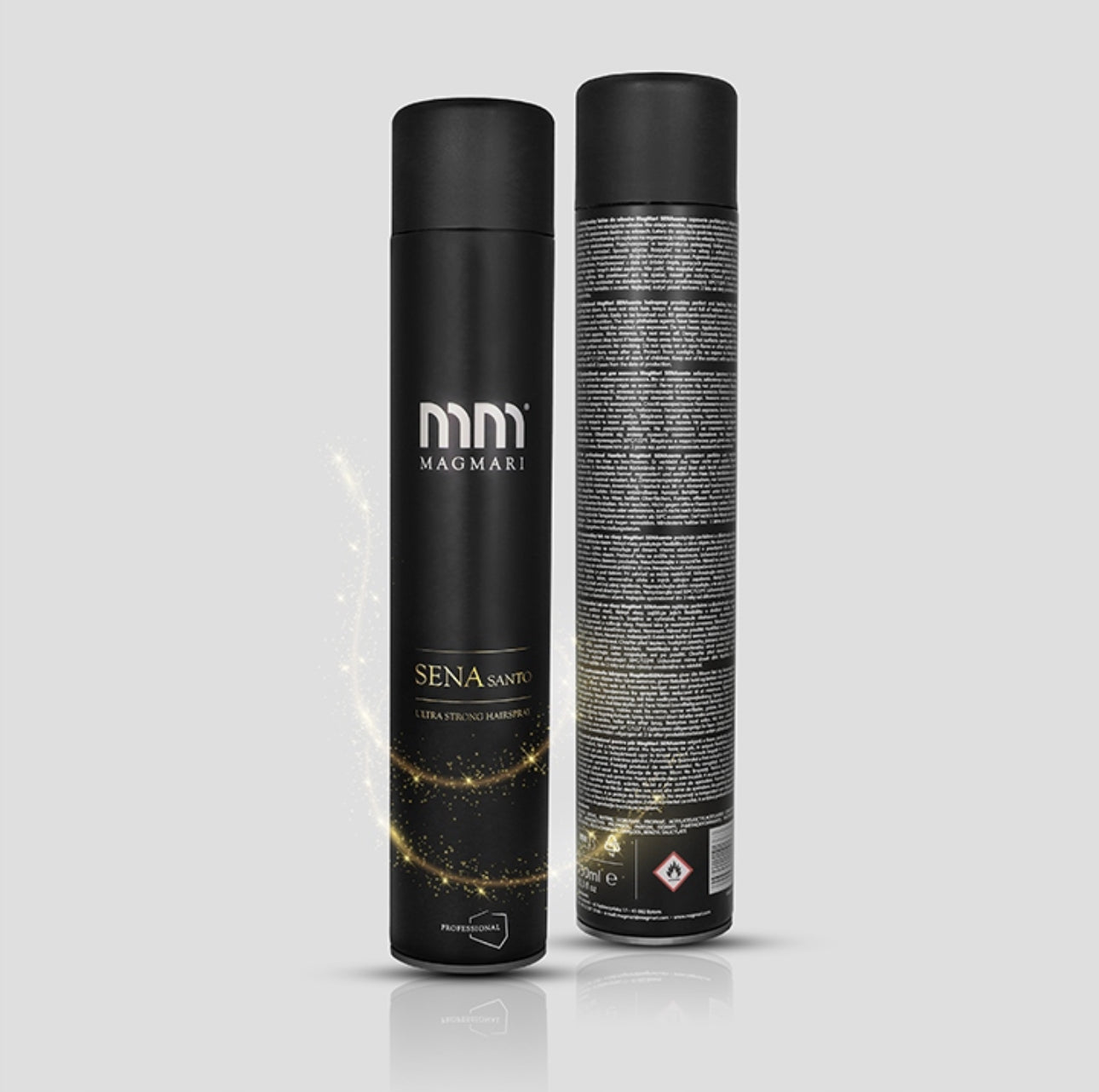 MAGMARI Sena Santo Ultra Strong Hairspray 750 ml – Profesjonell hårspray i sort design, gir ekstra sterkt hold uten å tynge håret. Langvarig hold, UV-beskyttelse, og antistatisk effekt for alle hårtyper. Perfekt for styling med volum og fleksibilitet.