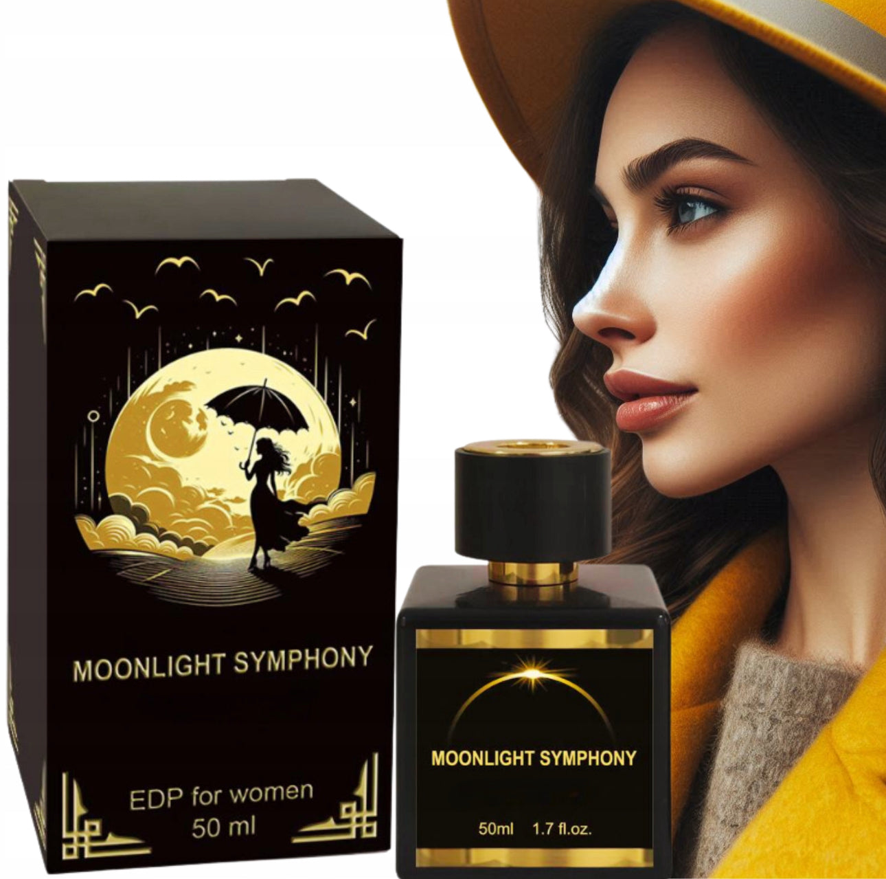 Moonlight Symphony Eau de Parfum for kvinner – 50 ml. Luksuriøs duft med elegante noter av vanilje, tonkabønne, jasmin og sandeltre. Eksklusiv svart og gullfarget flakong med sofistikert design. Perfekt som gave eller til daglig bruk.