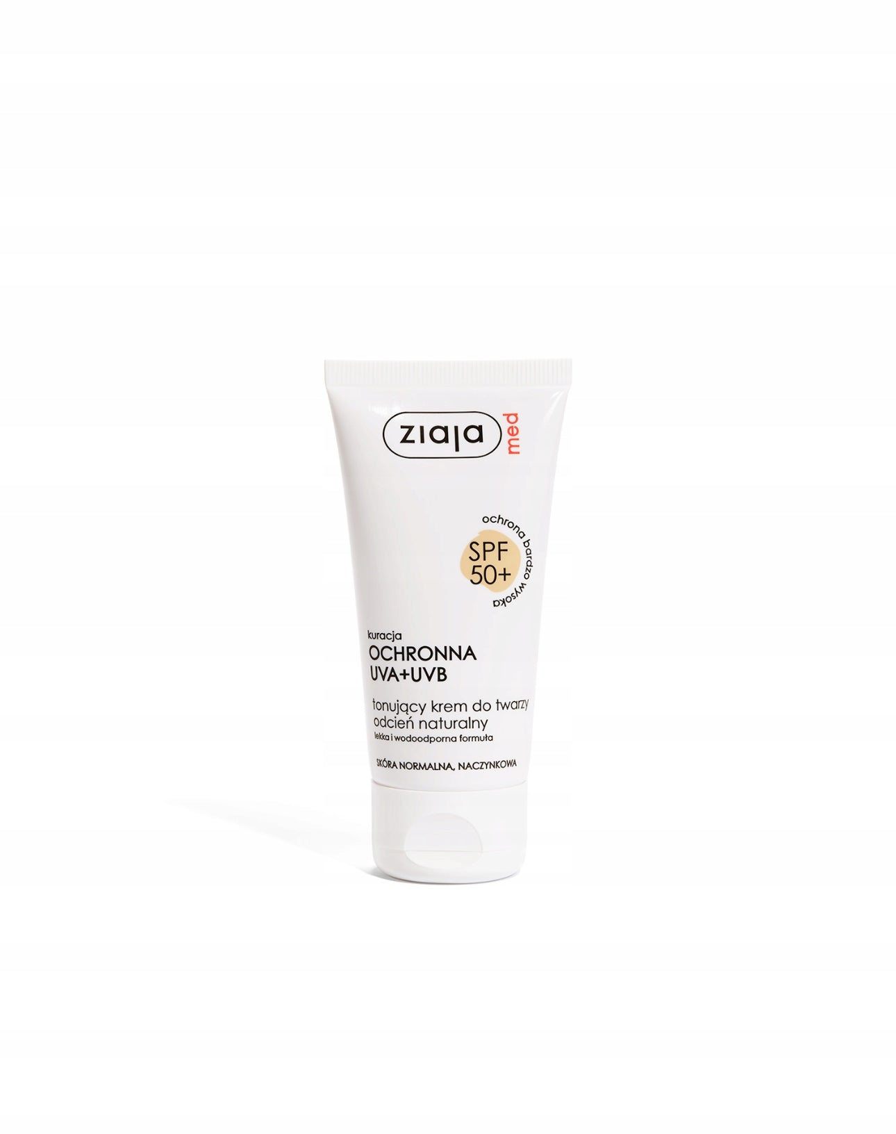 Ziaja Med Tonet Ansiktskrem SPF 50+ | 50 ml | Naturlig farget solkrem for normal og sensitiv hud | UVA + UVB beskyttelse | Lett, vanntett formel med vitamin E og B5