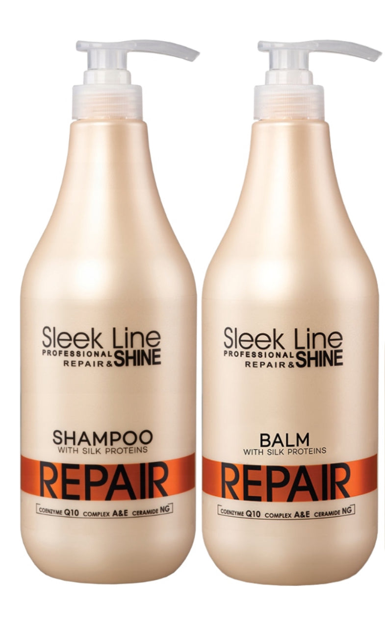 Sleek Line Repair Shampoo & Balsam 1L – profesjonell hårpleie for skadet og tørt hår. Inneholder silkeproteiner, Q10-koenzym og vitaminkompleks A&E for dypt nærende og glansgivende effekt. Størrelse: 1000 ml per flaske. Perfekt for farget og behandlet hår.