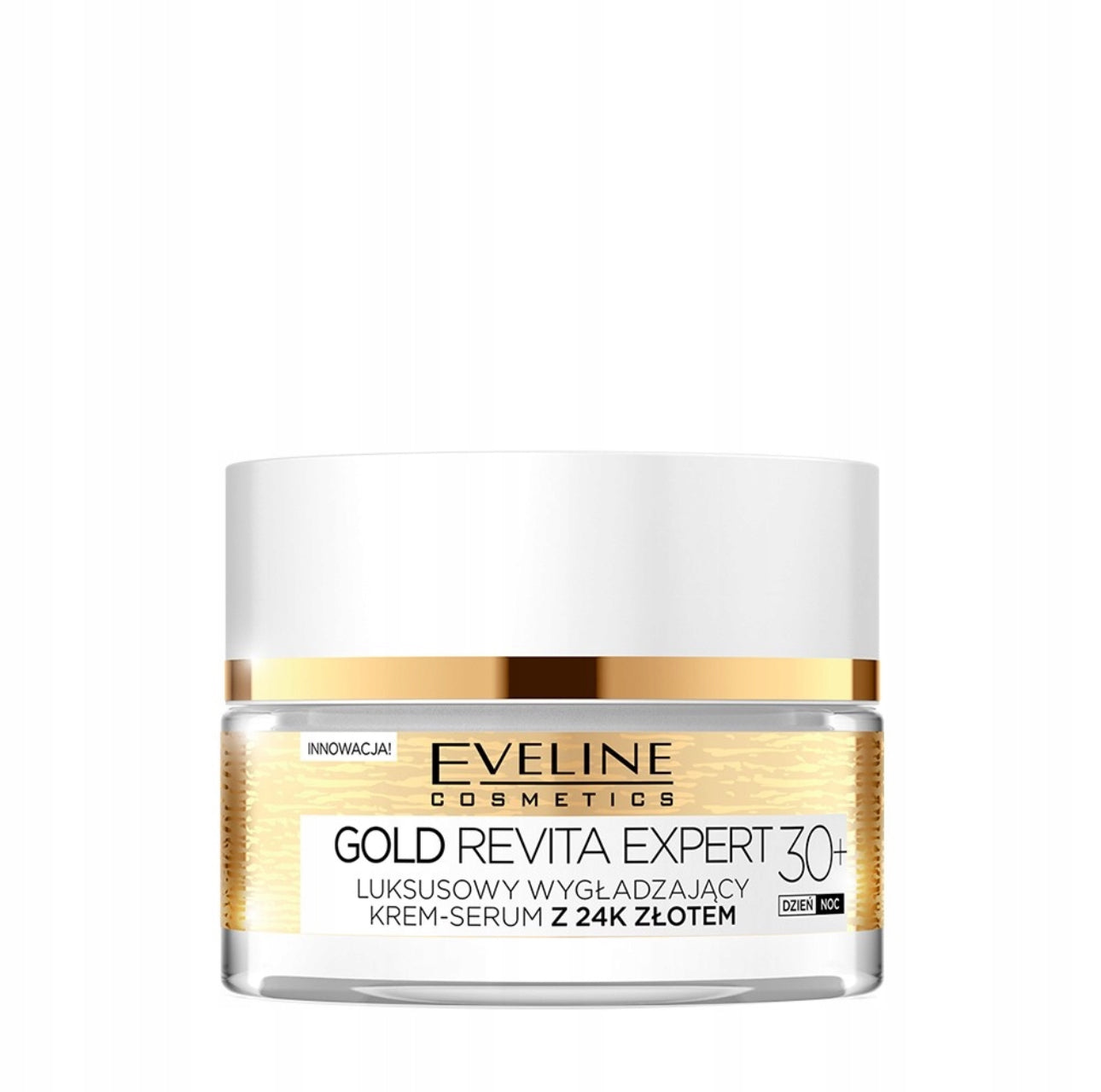 Luksuriøs anti-rynke krem-serum med 24K gull for moden hud 30+. Eveline Cosmetics Gold Revita Expert, 50 ml. Dypt fuktighetsgivende, oppstrammende og utjevnende. Passer alle hudtyper, inkludert sensitiv hud.