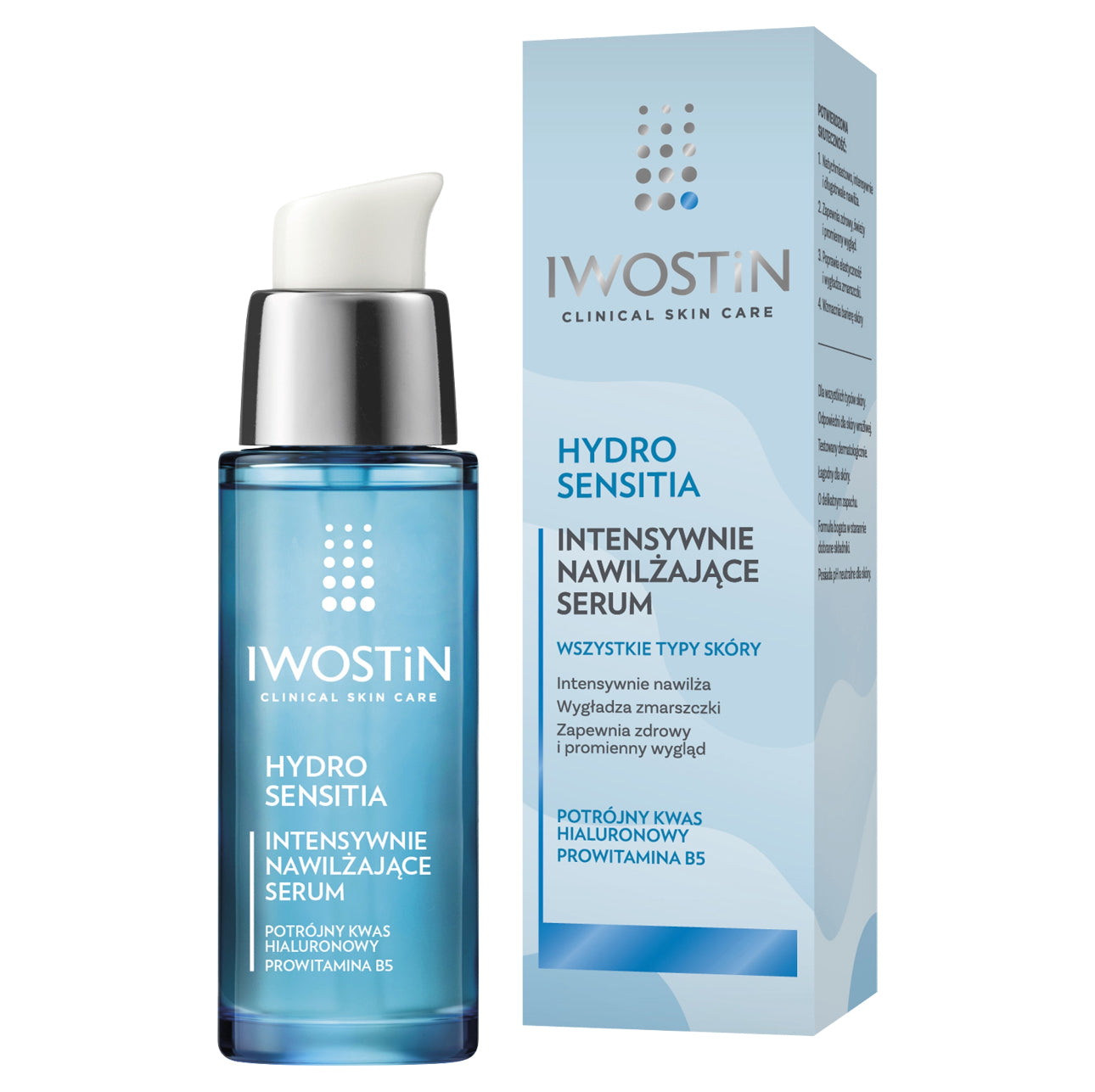 IWOSTIN HYDRO SENSITIA INTENSIVT FUKTIGHETSGIVENDE SERUM – 30 ML | Gjennomsiktig blå flaske med praktisk pumpe | Inneholder trippel hyaluronsyre og provitamin B5 | Lett og raskt absorberende tekstur | Passer for alle hudtyper, spesielt tørr og sensitiv hud | Dermatologisk testet for daglig bruk | Gir intens fukt og reduserer fine linjer.