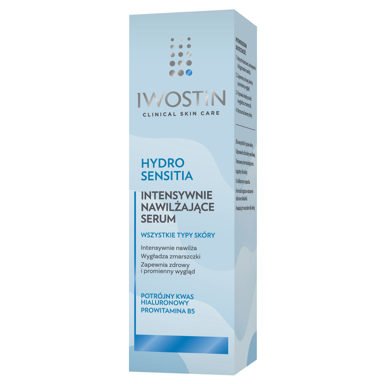 IWOSTIN HYDRO SENSITIA INTENSIVT FUKTIGHETSGIVENDE SERUM – 30 ML | Gjennomsiktig blå flaske med praktisk pumpe | Inneholder trippel hyaluronsyre og provitamin B5 | Lett og raskt absorberende tekstur | Passer for alle hudtyper, spesielt tørr og sensitiv hud | Dermatologisk testet for daglig bruk | Gir intens fukt og reduserer fine linjer.