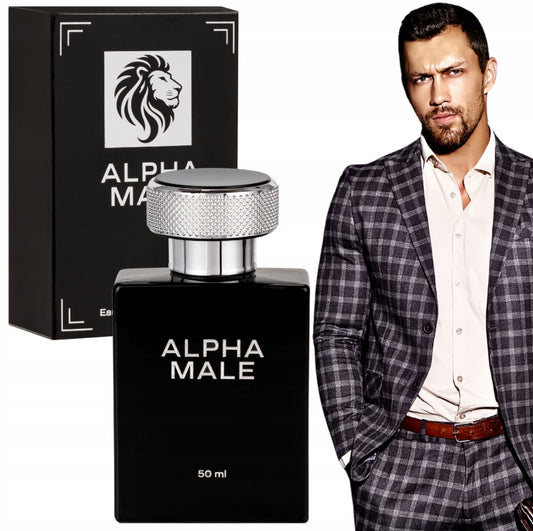 Elegant Alpha Male Eau de Parfum for menn, 50 ml. Eksklusiv sort flaske med sølvdetaljer. Intens, maskulin duft med noter av mandarin, cynamon, tobakk og vanilje. Perfekt til hverdags og spesielle anledninger.