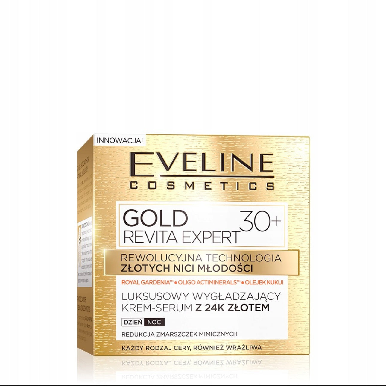 Luksuriøs anti-rynke krem-serum med 24K gull for moden hud 30+. Eveline Cosmetics Gold Revita Expert, 50 ml. Dypt fuktighetsgivende, oppstrammende og utjevnende. Passer alle hudtyper, inkludert sensitiv hud.