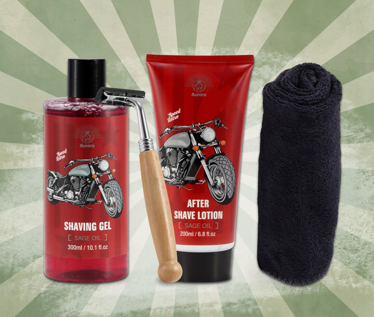 AURORA RETRO BARBERSETT – EKSKLUSIV GAVEBOKS TIL MENN | Inkluderer barberhøvel med trehåndtak, 300 ml barbergelé, 200 ml aftershave balm og svart håndkle | Klassisk rød design med motorsykkelmotiv | Perfekt gave til farsdag, bursdag eller jul