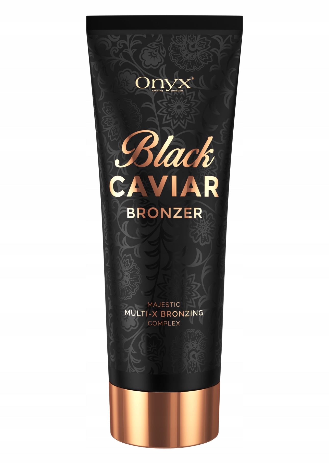 Onyx Black Caviar Bronzer 200ml – Intens mørk solariumsbronzer med Majestic Multi-X Bronzing Complex. Sort og gull emballasje, beriket med sheasmør, arganolje og koffein for dyp fuktighet og jevn brunfarge. Perfekt for solariumsbruk uten skjolder.