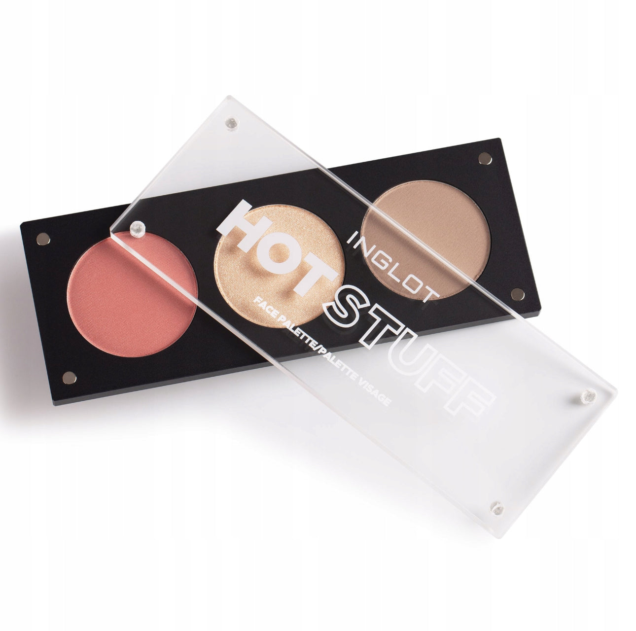 Inglot Hot Stuff Face Palette – 3-i-1 contour palett med bronzer, blush og highlighter. Perfekt for ansiktskonturering. Matt og glødende finish. Farger: varm bronse, ferskenrosa blush, champagne highlighter. Størrelse: kompakt og reisevennlig.