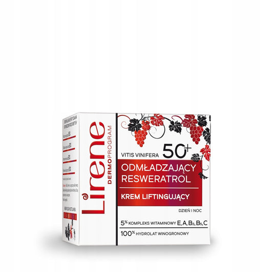 Lirene Resveratrol Liftingkrem 50+ | Anti-age dag- og nattkrem for moden hud | 50 ml | Inneholder resveratrol, druekjerneekstrakt og vitaminer E, A, B3, B5, C | Oppstrammende og fuktighetsgivende formula for fastere og jevnere hud.