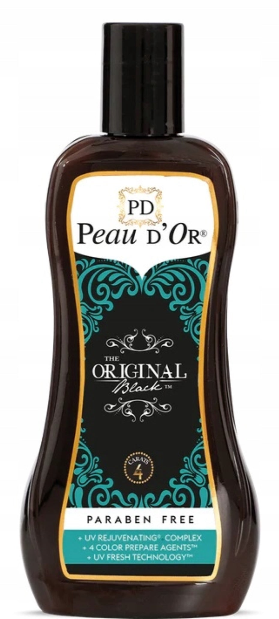 Peau d’Or The Original Black tanning lotion, 250 ml – luksuriøs bruningskrem for solarium. Parabenfri med UV-rejuvenating kompleks, 8K SmashGold bronzere og Omega 3-6. Elegant sort og gull design, perfekt for rask og dyp brunfarge.