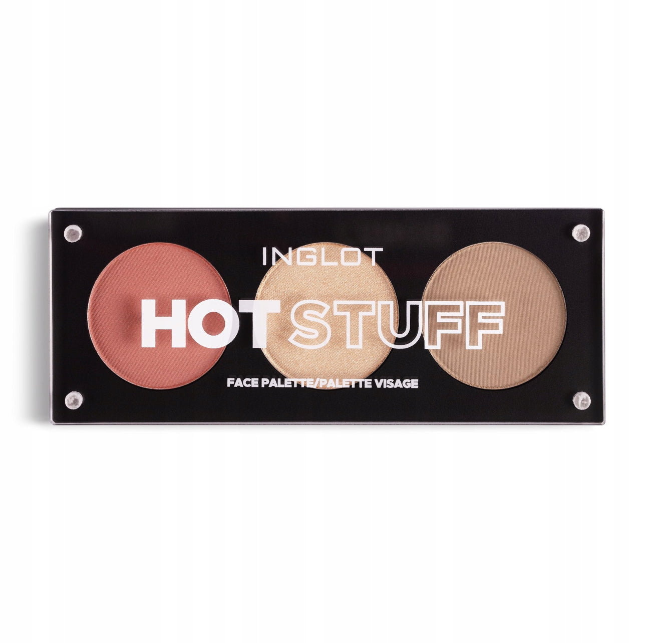 Inglot Hot Stuff Face Palette – 3-i-1 contour palett med bronzer, blush og highlighter. Perfekt for ansiktskonturering. Matt og glødende finish. Farger: varm bronse, ferskenrosa blush, champagne highlighter. Størrelse: kompakt og reisevennlig.