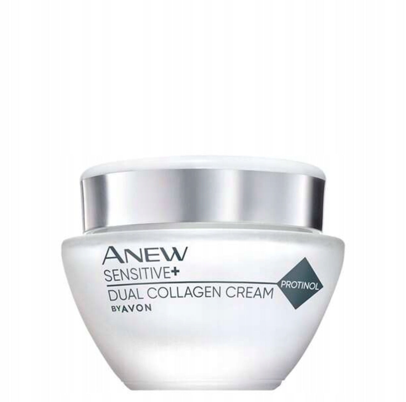 Avon Anew Sensitive+ Anti-Age Krem 50 ml – hvit ansiktskrem i elegant glasskrukke med sølvlokk. Beriket med Protinol™ og niacinamid, utviklet for sensitiv hud. Reduserer rynker, rødhet og gir fuktighet i opptil 24 timer. Parfymefri og dermatologisk testet.