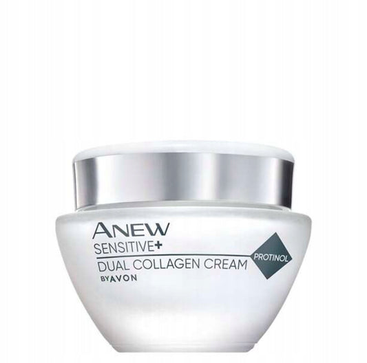 Avon Anew Sensitive+ Anti-Age Krem 50 ml – hvit ansiktskrem i elegant glasskrukke med sølvlokk. Beriket med Protinol™ og niacinamid, utviklet for sensitiv hud. Reduserer rynker, rødhet og gir fuktighet i opptil 24 timer. Parfymefri og dermatologisk testet.