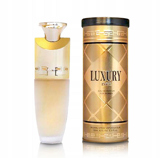 Luxury Paris Eau de Parfum 100 ml – Elegant dameparfyme i gullfarget flakong med luksuriøst design. Inneholder sensuelle noter av jasmin, sandeltre, sedertre og freesia. Perfekt for hverdagsbruk og spesielle anledninger.