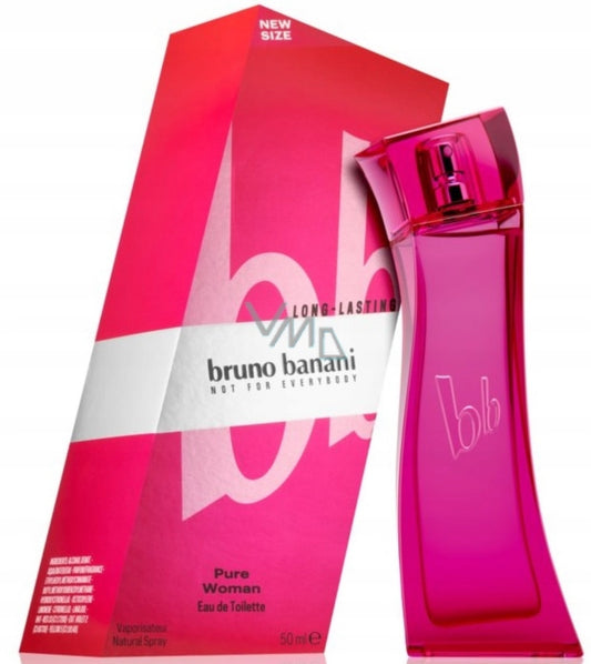 Bruno Banani Pure Woman Eau de Toilette 50ml – sensuell og fruktig dameparfyme med noter av mango, vanilje og fiol. Elegant rosa flaske med moderne design. Perfekt til både hverdagsbruk og spesielle anledninger.