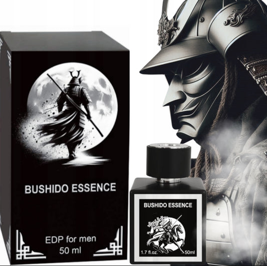 Bushido Essence Eau de Parfum for menn – 50 ml. Elegant svart flaske med sølvdetaljer, inspirert av samuraienes styrke. Orientalsk krydret duft med noter av svart pepper, sedertre, vetiver og ambra. Perfekt for stilfulle og selvsikre menn.