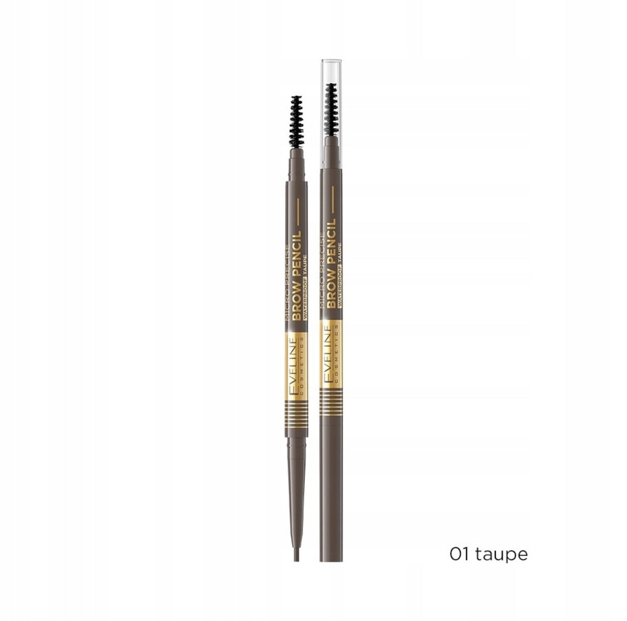 Eveline Cosmetics Micro Precise Brow Pencil 01 Taupe – ultrapresis, vannfast øyenbrynsblyant i kald brun taupe-farge. Automatisk design med innebygd børste for naturlig brynsstyling. Perfekt for fyldige, definerte bryn. Vegansk og langvarig formel.