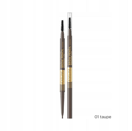 Eveline Cosmetics Micro Precise Brow Pencil 01 Taupe – ultrapresis, vannfast øyenbrynsblyant i kald brun taupe-farge. Automatisk design med innebygd børste for naturlig brynsstyling. Perfekt for fyldige, definerte bryn. Vegansk og langvarig formel.