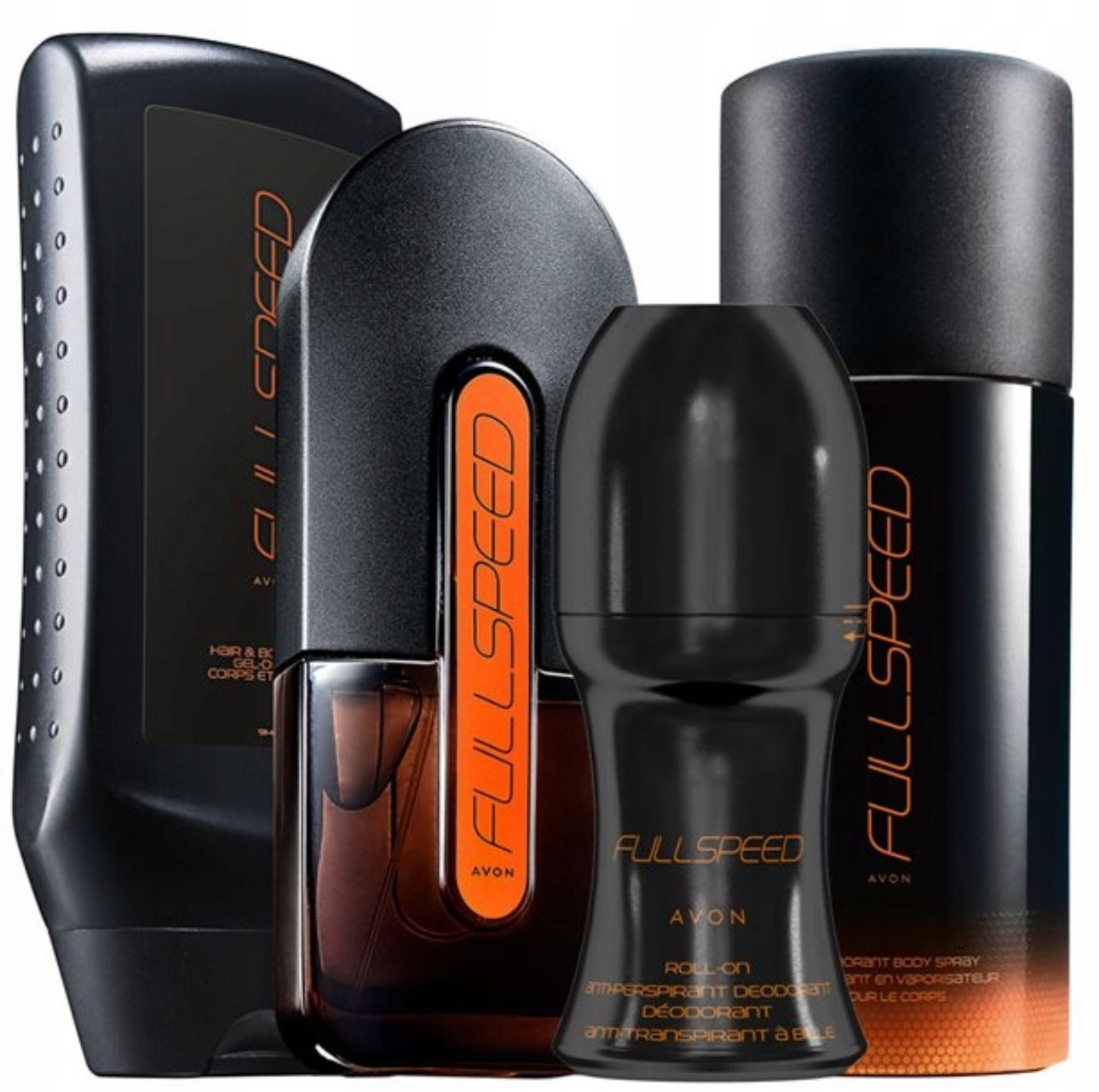 Full Speed gavesett for menn – 4-delt sett i svart og oransje design. Inneholder 75 ml Eau de Toilette, 150 ml kroppsspray, 250 ml dusjgel og 50 ml roll-on deodorant. Perfekt gave til menn som elsker maskuline, friske og krydrede dufter.