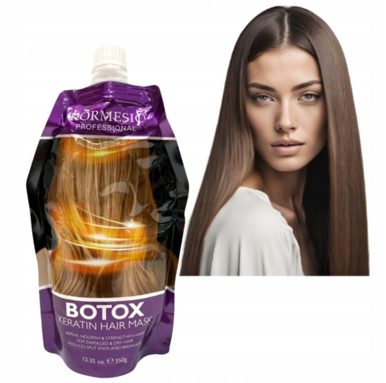 Keratin Botox Hårmaske – 350g | Intens reparasjon for skadet og tørt hår | Inneholder keratin, kollagen og silkeproteiner for dyp næring og glans | Reduserer frizz og splittede tupper | Perfekt for bleket og kjemisk behandlet hår | Profesjonell hårpleie hjemme.