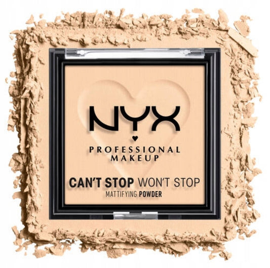 NYX CAN’T STOP WON’T STOP MATTIFYING POWDER 02 | 6G – Kompakt mattende pudder i fargen 02 Light, perfekt for fet og kombinert hud. Formulert med mattende rispudder for å kontrollere olje og glans hele dagen. Lettvektig, vegansk og langvarig for en perfekt matt finish.