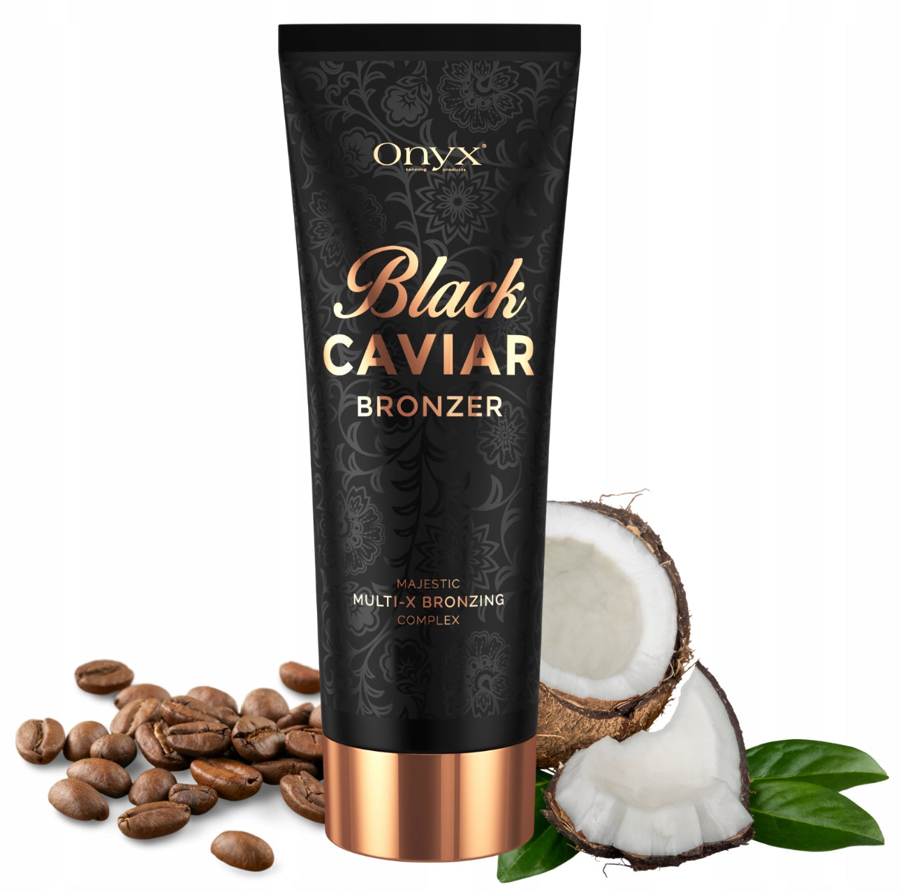 Onyx Black Caviar Bronzer 200ml – Intens mørk solariumsbronzer med Majestic Multi-X Bronzing Complex. Sort og gull emballasje, beriket med sheasmør, arganolje og koffein for dyp fuktighet og jevn brunfarge. Perfekt for solariumsbruk uten skjolder.