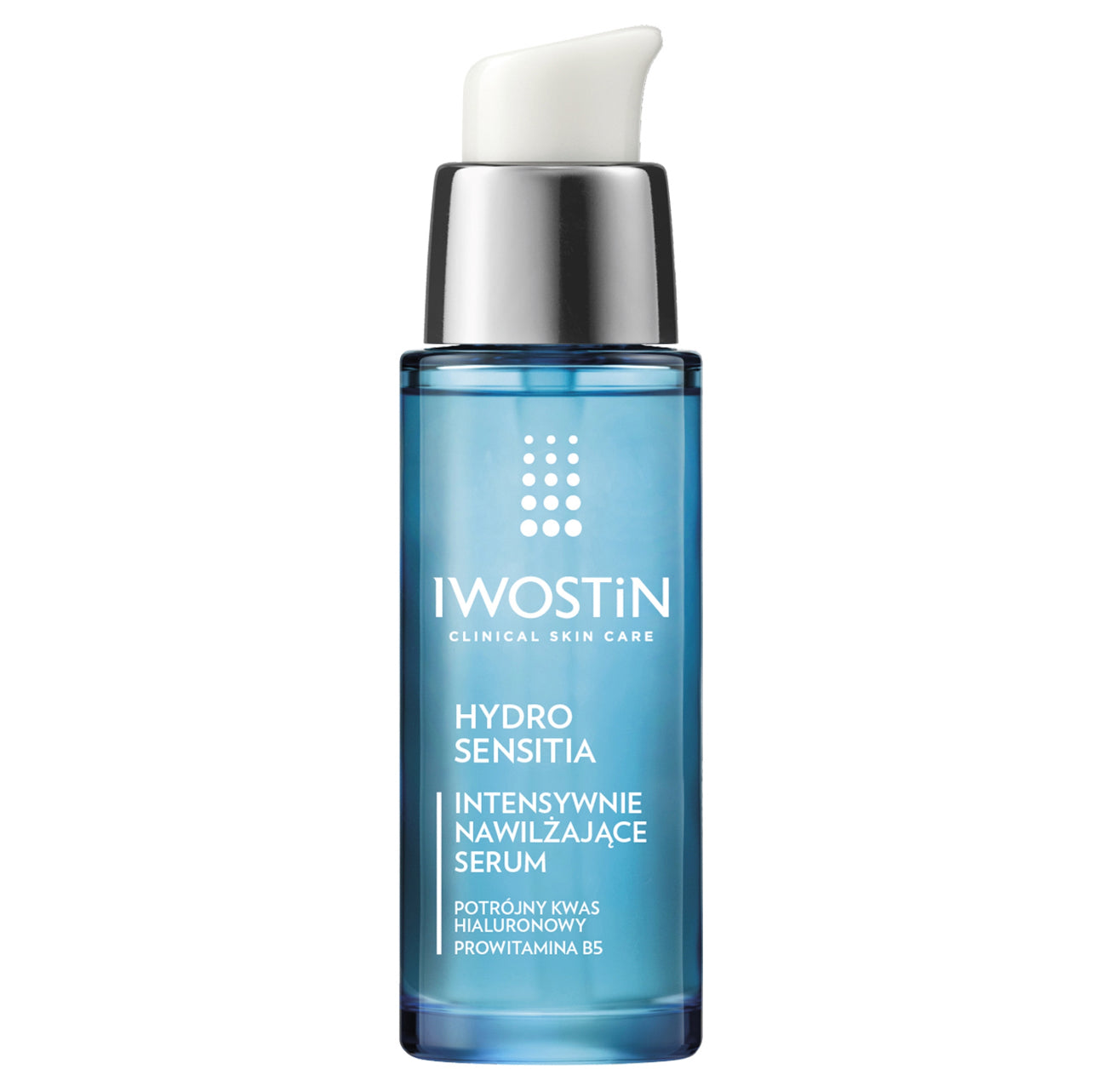 IWOSTIN HYDRO SENSITIA INTENSIVT FUKTIGHETSGIVENDE SERUM – 30 ML | Gjennomsiktig blå flaske med praktisk pumpe | Inneholder trippel hyaluronsyre og provitamin B5 | Lett og raskt absorberende tekstur | Passer for alle hudtyper, spesielt tørr og sensitiv hud | Dermatologisk testet for daglig bruk | Gir intens fukt og reduserer fine linjer.