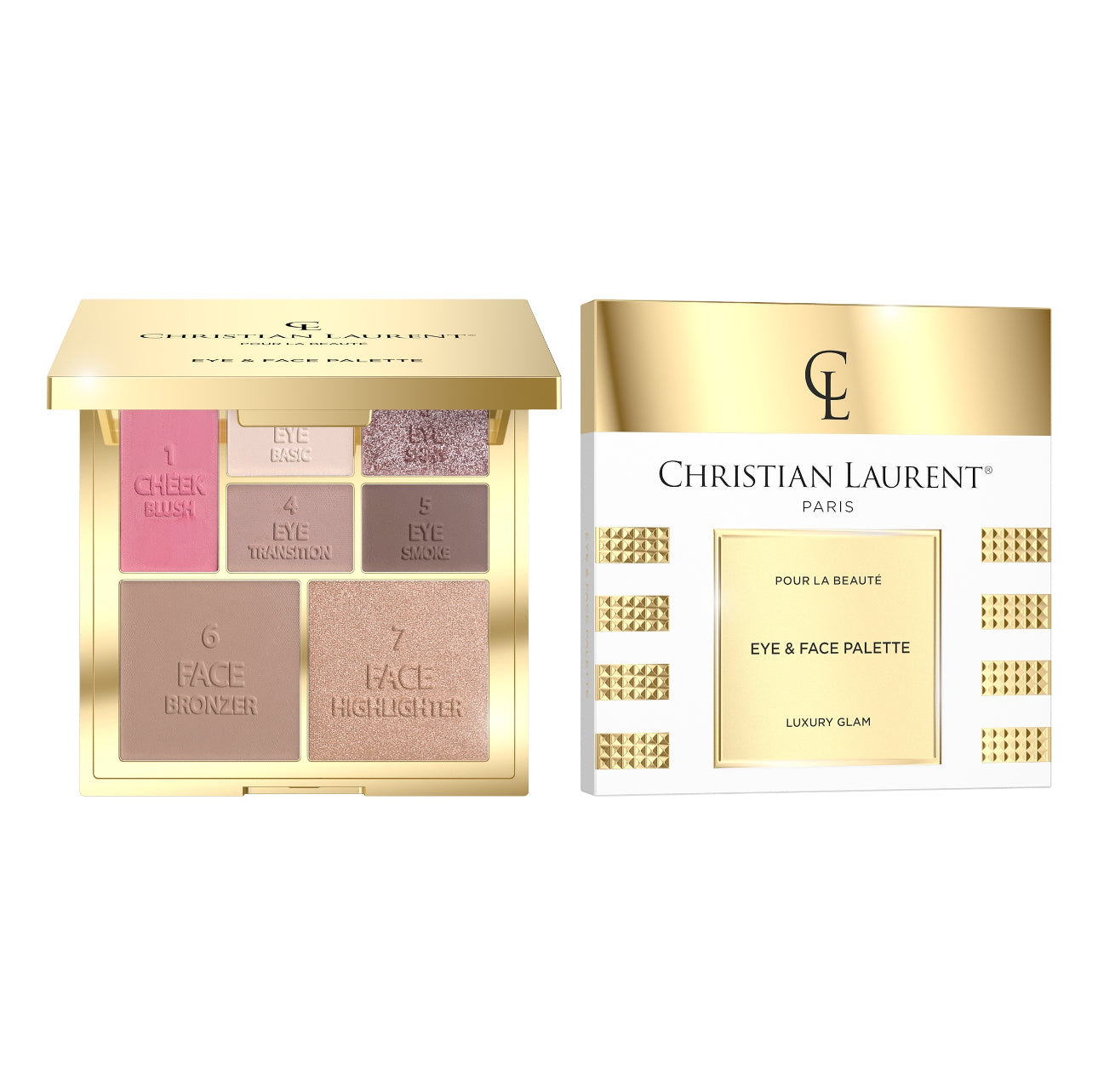 Christian Laurent Pour La Beauté Eye & Face Palette – luksuriøs sminkepalett i gullfarget etui med 7 høypigmenterte nyanser. Inkluderer blush, bronzer, highlighter og øyenskygger i både matte og skimrende toner. Perfekt for konturering og naturlig glød. Størrelse: kompakt, med speil – ideell for både hverdags- og festsminke.