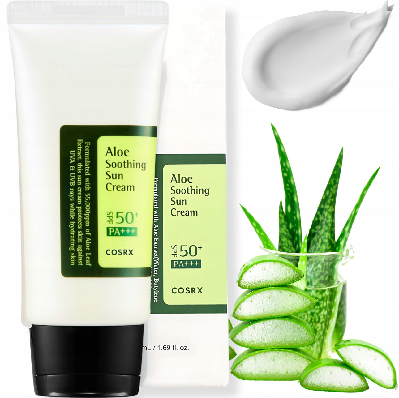 COSRX Aloe Soothing Sun Cream SPF50+ | 50 ml | Fuktighetsgivende solkrem med aloe vera | Lett og ikke-klebrig formula | Perfekt for sensitiv, tørr og kombinert hud | Høy UVA/UVB-beskyttelse | Koreansk hudpleie