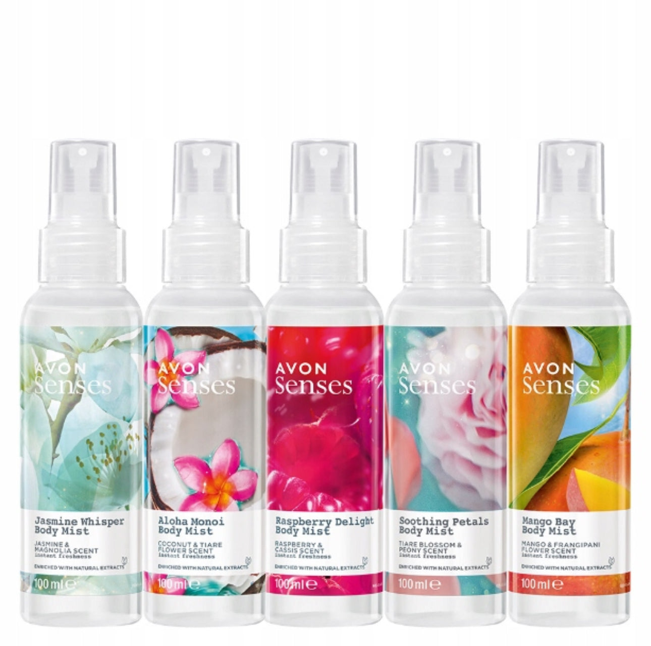 AVON Senses body mist sett – 5 stk tilfeldige kroppssprayer (100 ml hver) med friske, blomstrete og fruktige dufter. Perfekt for daglig bruk, gir en lett og langvarig duft. Gjennomsiktig flaske med fargerik etikett. Ideell som gave eller selvpleie.