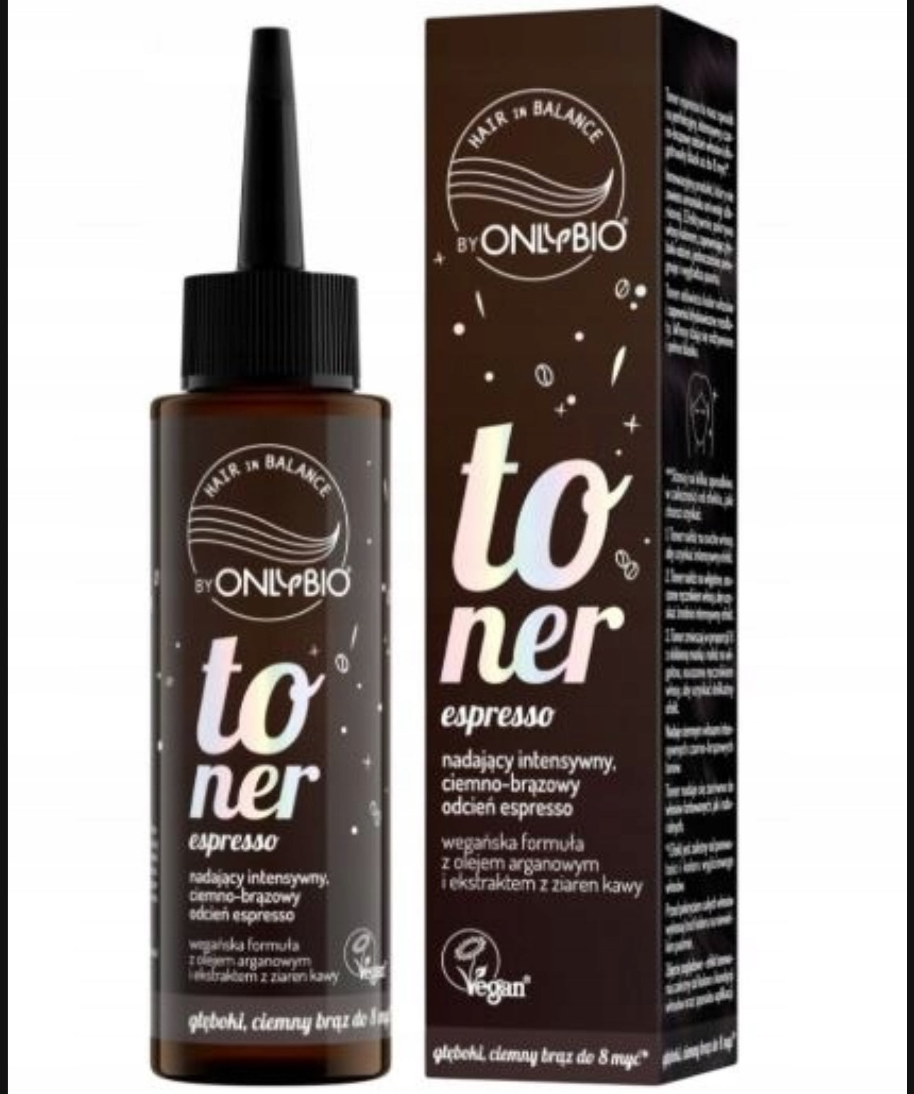 OnlyBio Hair in Balance Toner – Espresso, 100 ml. Vegansk, ammoniakkfri hårtoner med arganolje og kaffeekstrakt. Gir en dyp brun espressofarge som varer opptil 8 vask. Skånsom for håret, passer til både naturlig og farget hår.