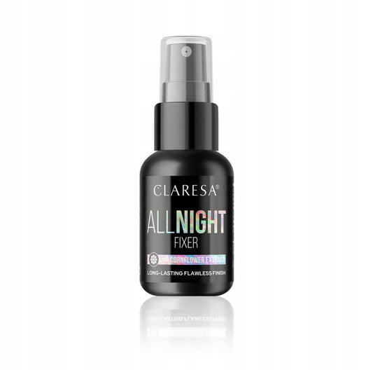 Claresa All Night Fixer 50ml – svart sprayflaske med praktisk atomizer. Sminkefixeringsspray med kornblomstekstrakt for langvarig hold. Lett formel som gir en naturlig, feilfri finish uten å tørke ut huden. Perfekt for alle hudtyper.