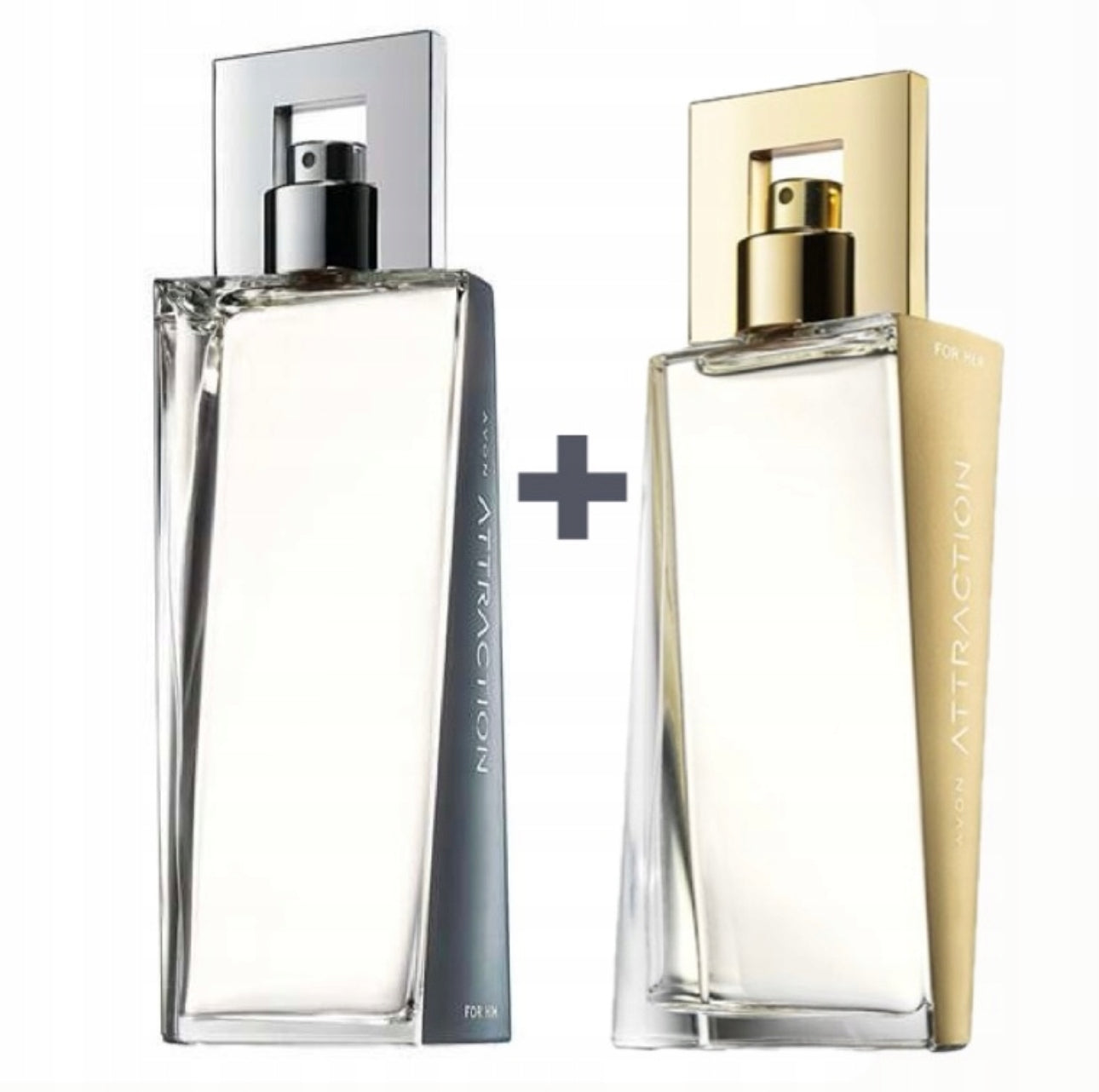 Avon Attraction parfyme sett for han og henne – 50 ml Eau de Parfum for kvinner og 75 ml Eau de Toilette for menn. Elegant design i gull og sølv toner, perfekt som gave. Sensuell duft med fruktige, treaktige og krydrede noter.