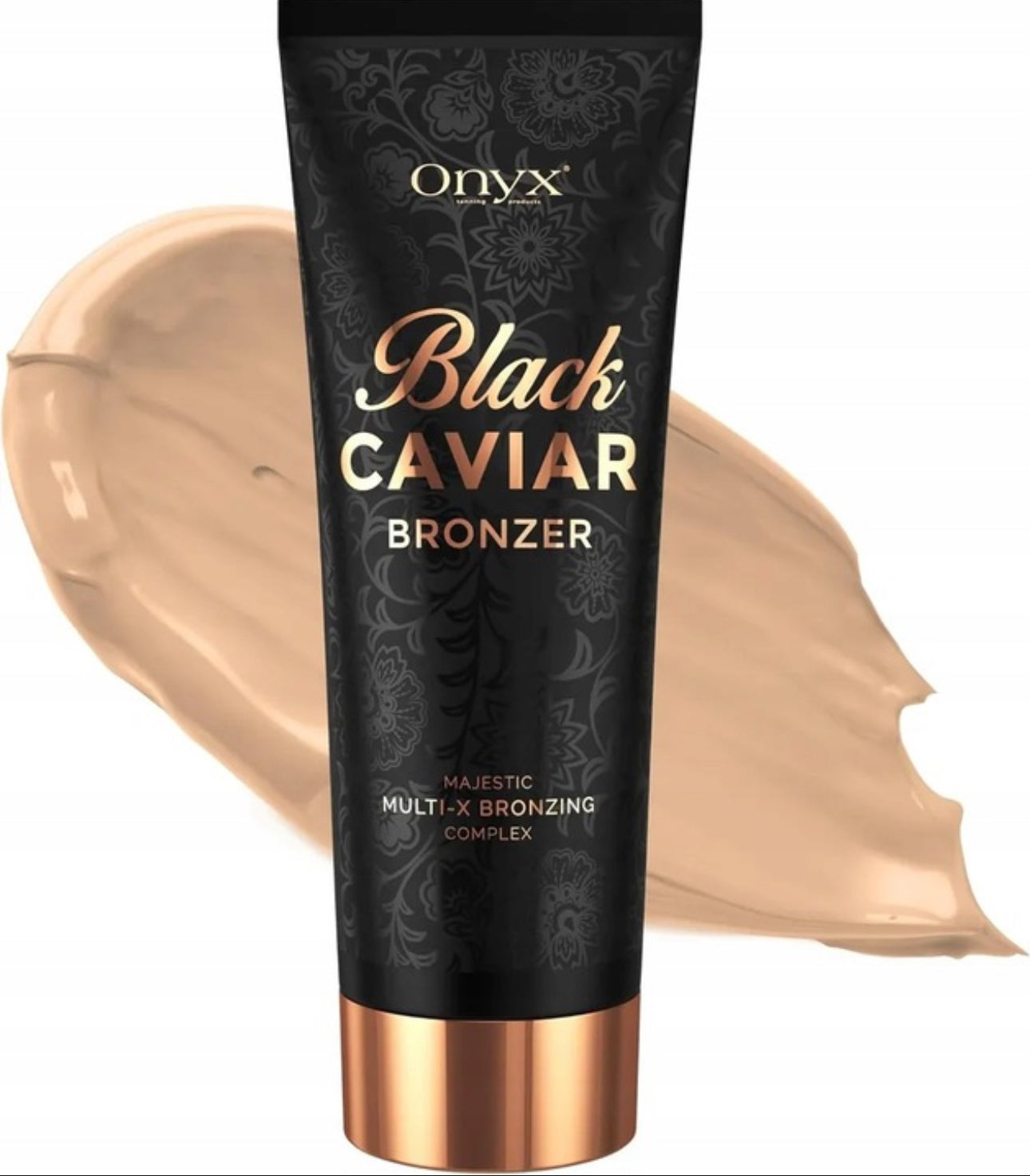 Onyx Black Caviar Bronzer 200ml – Intens mørk solariumsbronzer med Majestic Multi-X Bronzing Complex. Sort og gull emballasje, beriket med sheasmør, arganolje og koffein for dyp fuktighet og jevn brunfarge. Perfekt for solariumsbruk uten skjolder.