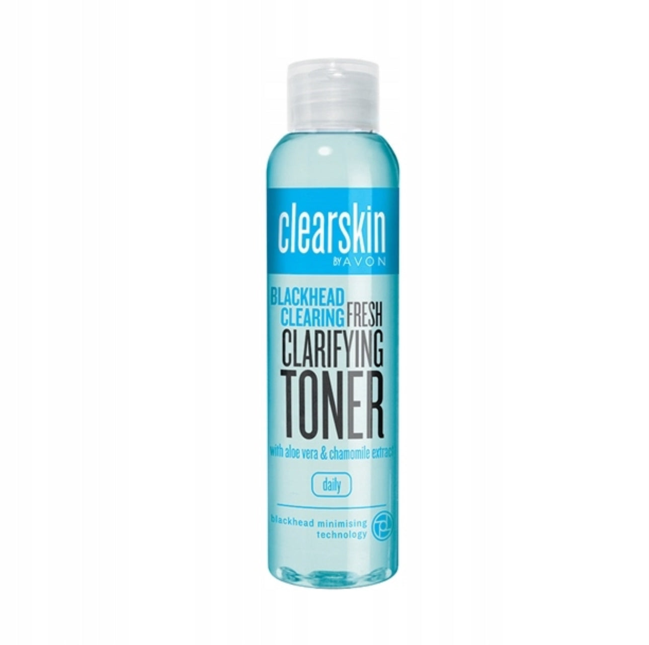 Avon Clearskin Blackhead Clearing Toner, 200 ml – dyprensende ansiktstoner for fet og kombinert hud. Inneholder salisylsyre, aloe vera og kamilleekstrakt for å fjerne hudormer og redusere overskuddsolje. Gjennomsiktig blå plastflaske med hvit kork.