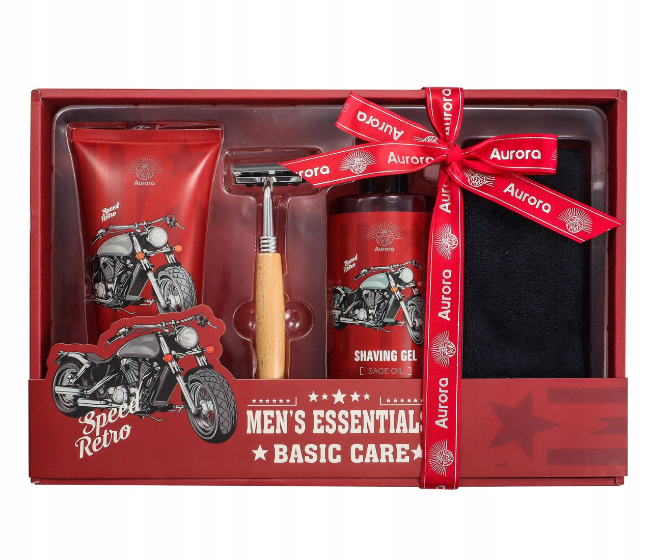 AURORA RETRO BARBERSETT – EKSKLUSIV GAVEBOKS TIL MENN | Inkluderer barberhøvel med trehåndtak, 300 ml barbergelé, 200 ml aftershave balm og svart håndkle | Klassisk rød design med motorsykkelmotiv | Perfekt gave til farsdag, bursdag eller jul