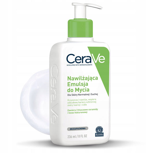 CeraVe FUKTIGHETSGIVENDE RENSEEMULSJON 236ML – HVIT FLASKE MED GRØNN PUMPE – SKÅNSOM ANSIKTSRENS FOR NORMAL TIL TØRR HUD – INNEHOLDER CERAMIDER OG HYALURONSYRE – PARFYMEFRI OG DERMATOLOGISK TESTET