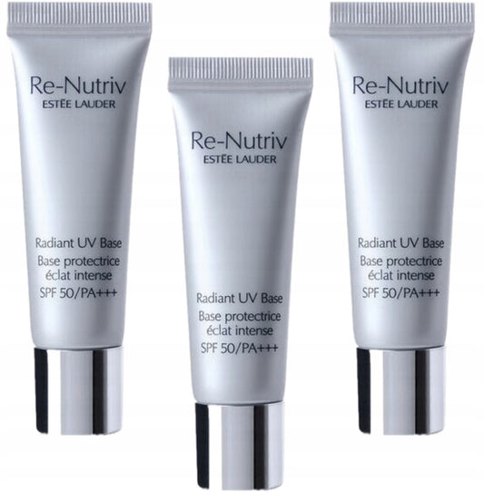 Luksuriøs Estée Lauder Re-Nutriv Base SPF 50+ – sett med 3 stk (10 ml hver). En silkemyk primer som jevner ut huden, gir glød, beskytter med høy solfaktor og har anti-age effekt. Perfekt for langvarig makeup og daglig pleie.