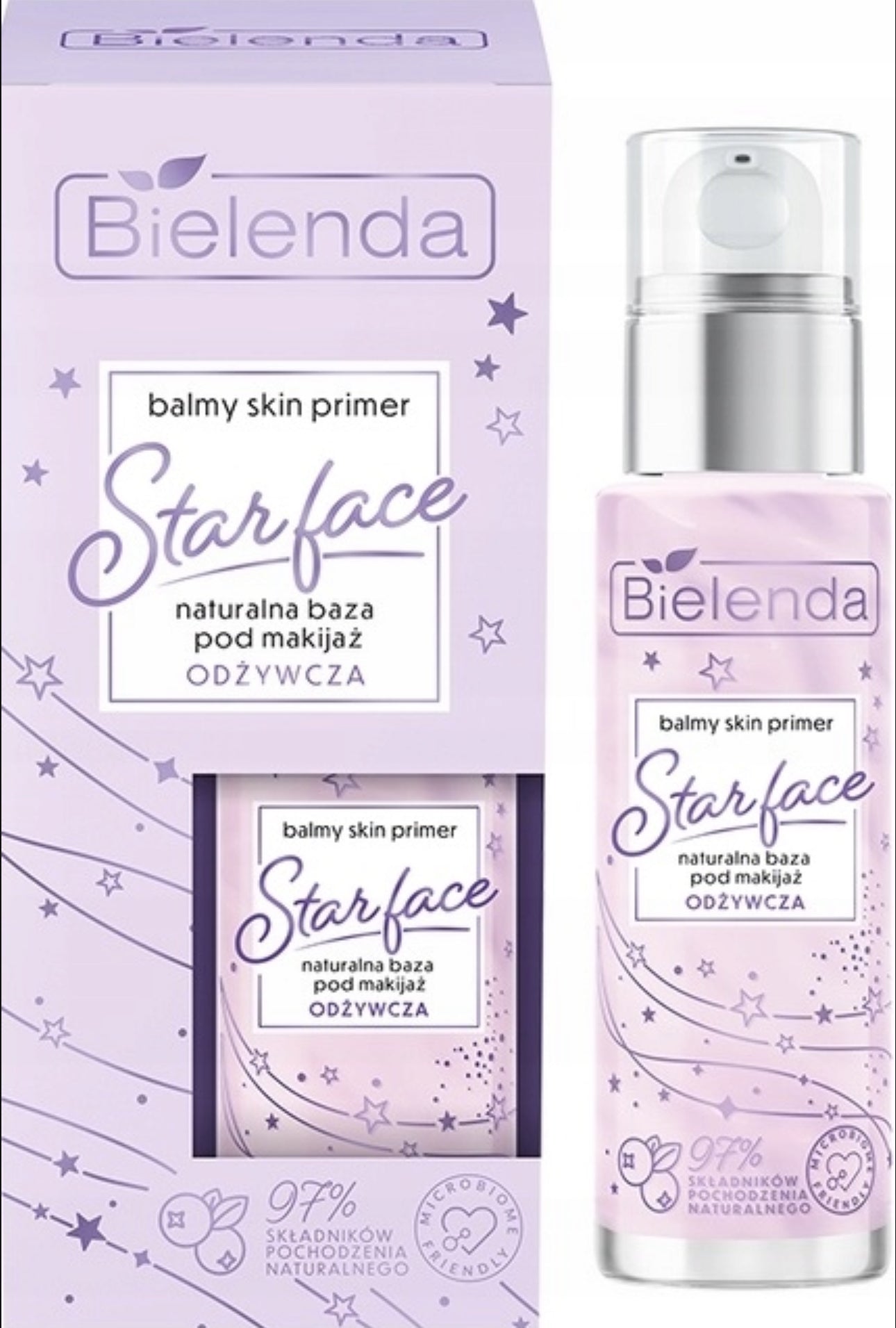 Bielenda Starface Balmy Skin Primer 30ml – nærende sminkebase i en lett og silkemyk formel. Inneholder 97% naturlige ingredienser, inkludert blåbærekstrakt for dyp fuktighet og jevn finish. Lilla emballasje med praktisk pumpeflaske. Vegansk og cruelty-free – perfekt for alle hudtyper.