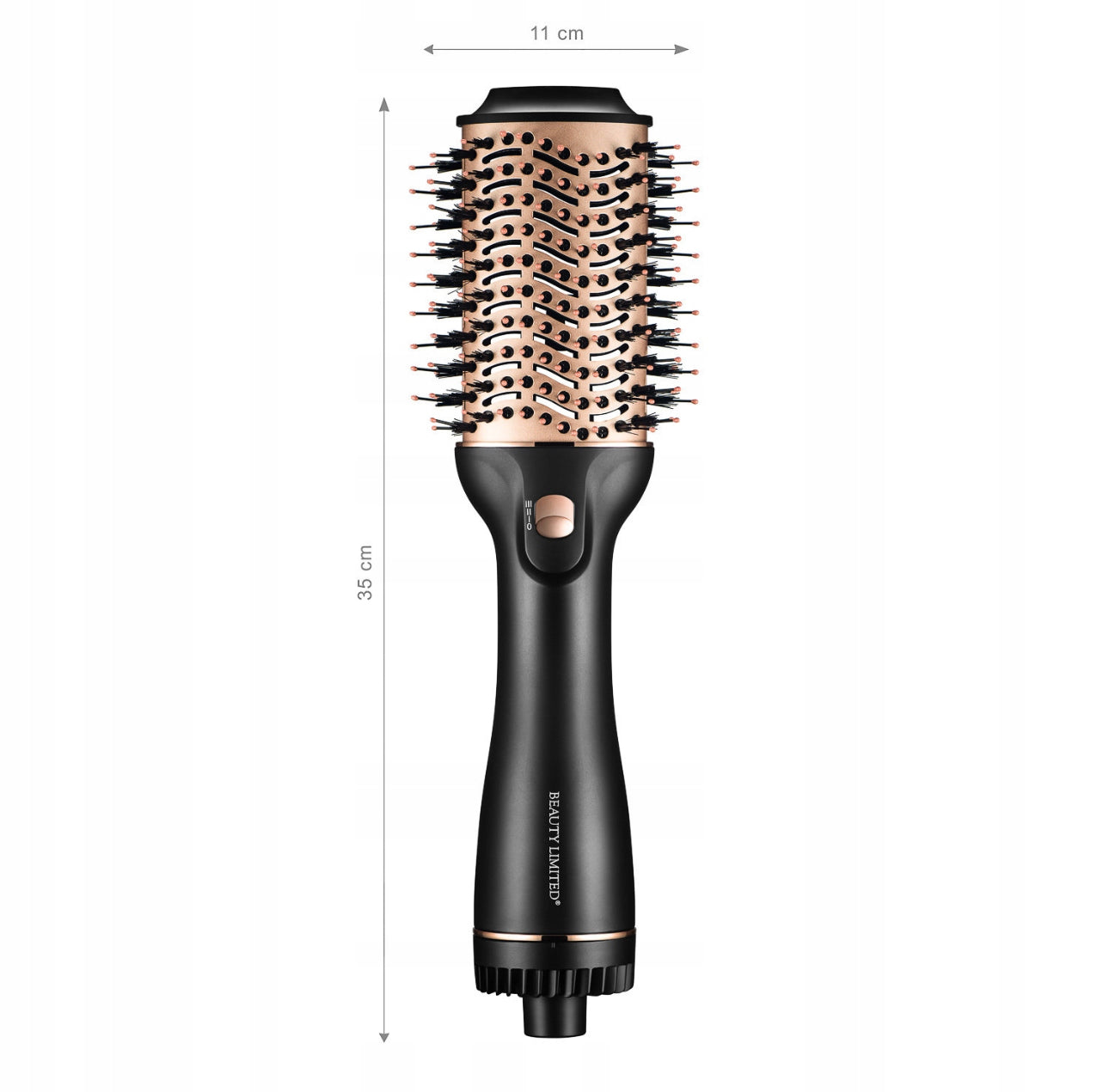 Varmluftsbørste 1200W – svart & gull, keramisk belegg, turmalinteknologi, 3 varmeinnstillinger, ionisk anti-frizz-effekt, lettvektsdesign for volum & glans, 34 cm lengde, 1,8 m roterende ledning.