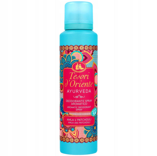 Tesori d’Oriente Ayurveda deodorant spray 150 ml – luksuriøs orientalsk deodorant med eksotisk amla og patchouli. Langvarig duft, skånsom formel, og forfriskende blå og gyllen emballasje. Perfekt for deg som ønsker 24-timers beskyttelse med en sensuell og aromatisk duft.