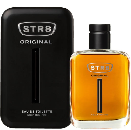 STR8 Original Eau de Toilette for menn – 100ml | Elegant flaske i svart og gull | Treaktig og krydret duft med noter av mynte, kardemomme, sandeltre og musk | Perfekt til både hverdag og spesielle anledninger | Langvarig maskulin parfyme i stilfull design.