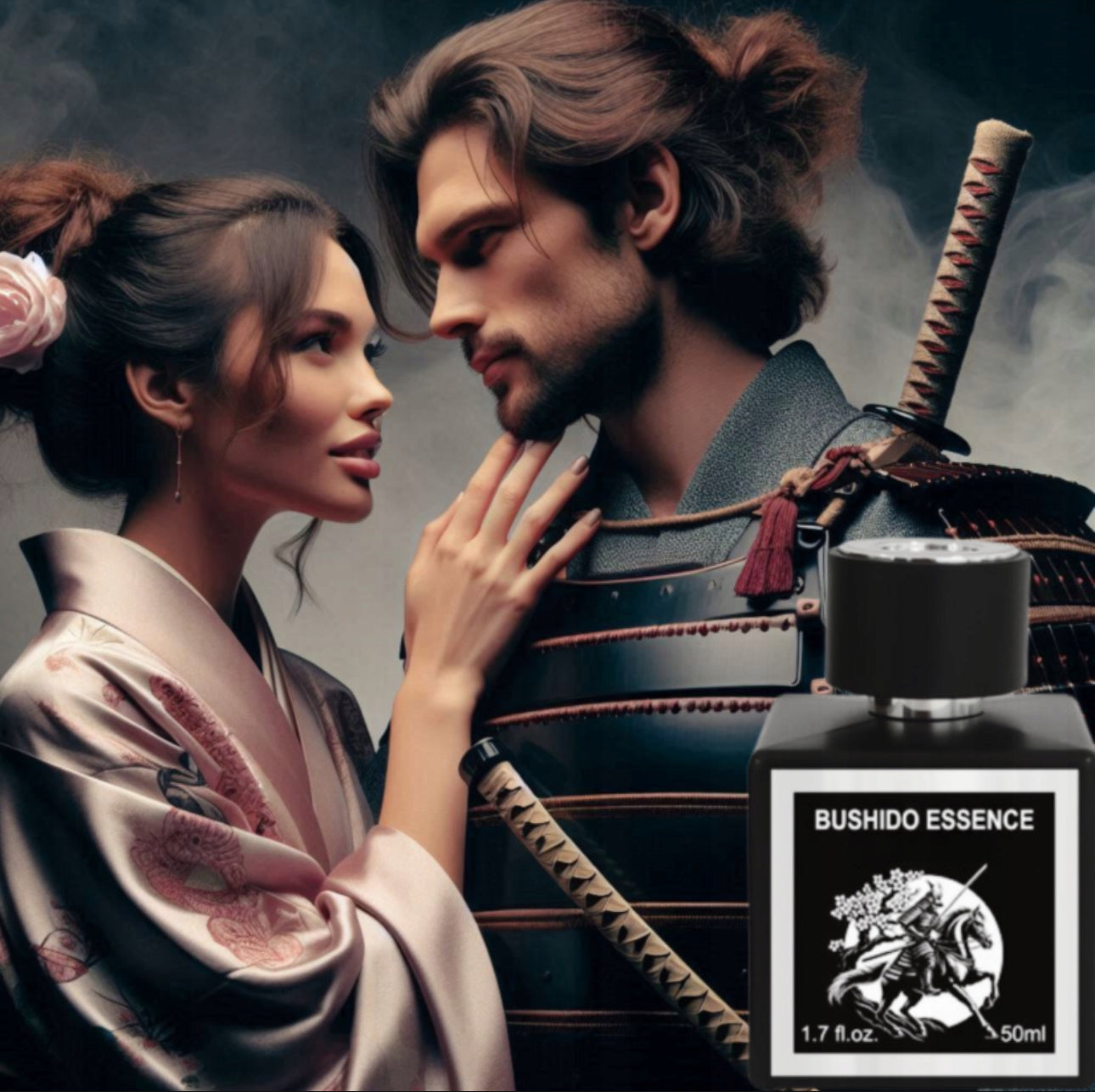 Bushido Essence Eau de Parfum for menn – 50 ml. Elegant svart flaske med sølvdetaljer, inspirert av samuraienes styrke. Orientalsk krydret duft med noter av svart pepper, sedertre, vetiver og ambra. Perfekt for stilfulle og selvsikre menn.