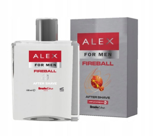 ALEX FOR MEN FIREBALL AFTER SHAVE 100ML – maskulin aftershave med krydret duft av sandeltre, vanilje og sitrus. Stilrent design i sølv og rød emballasje. Perfekt for daglig bruk etter barbering.