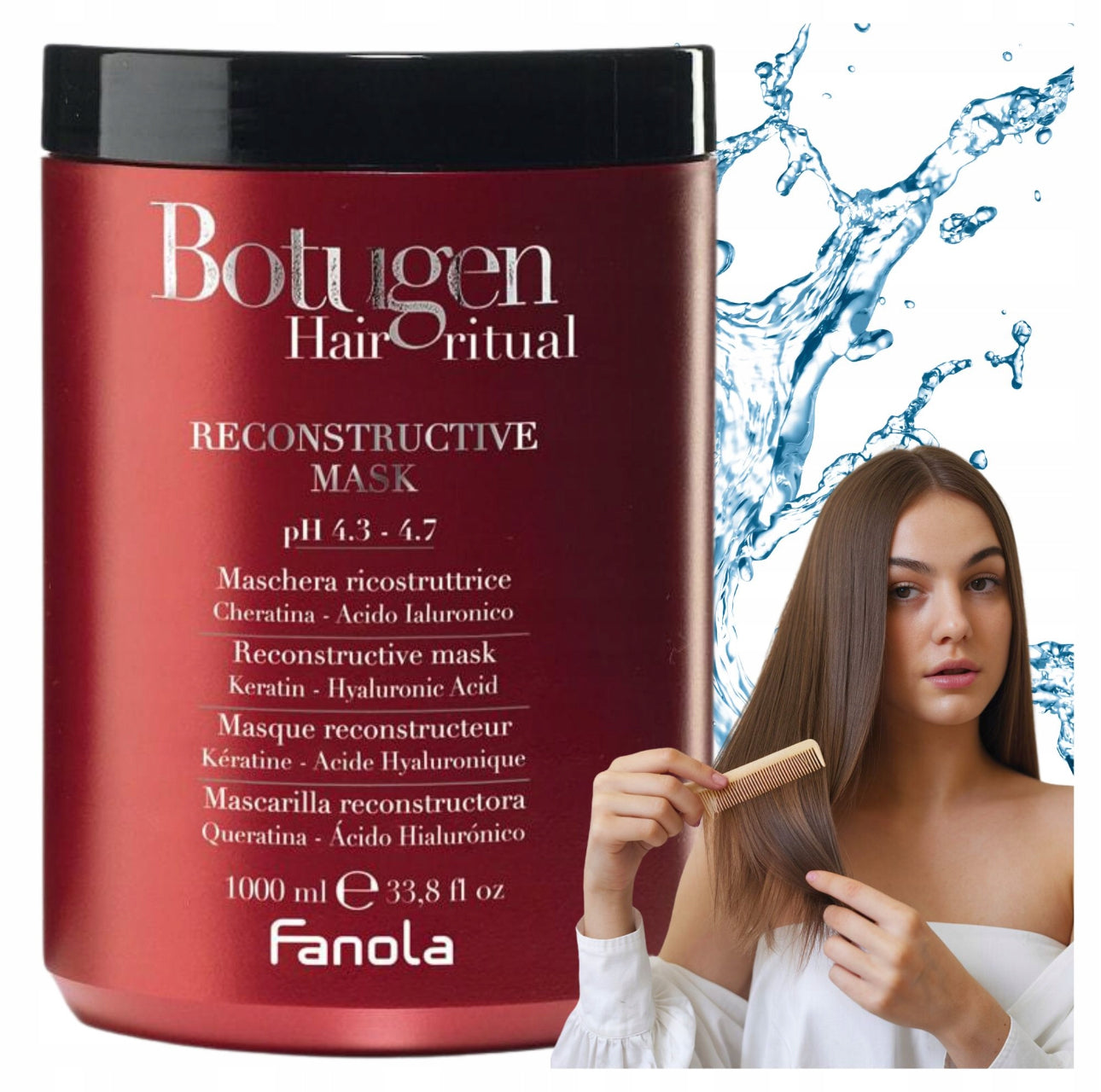 Fanola Botugen Reconstructive Mask 1000ml – Intensiv hårmaske for skadet og svekket hår. Inneholder keratin og hyaluronsyre for dyp reparasjon og fuktighet. Ideell for tørt, kjemisk behandlet og sprøtt hår. Profesjonell hårpleie fra Fanola for mykere, sterkere og glansfullt hår.