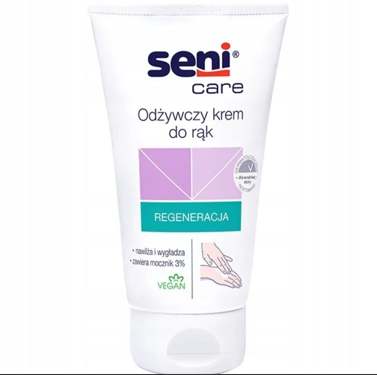 Seni Care nærende håndkrem 100ml – vegansk formel med 3% urea, pantenol og druekjerneolje. Dermatologisk testet for sensitiv og tørr hud. Hvit tube med lilla og grønn etikett.