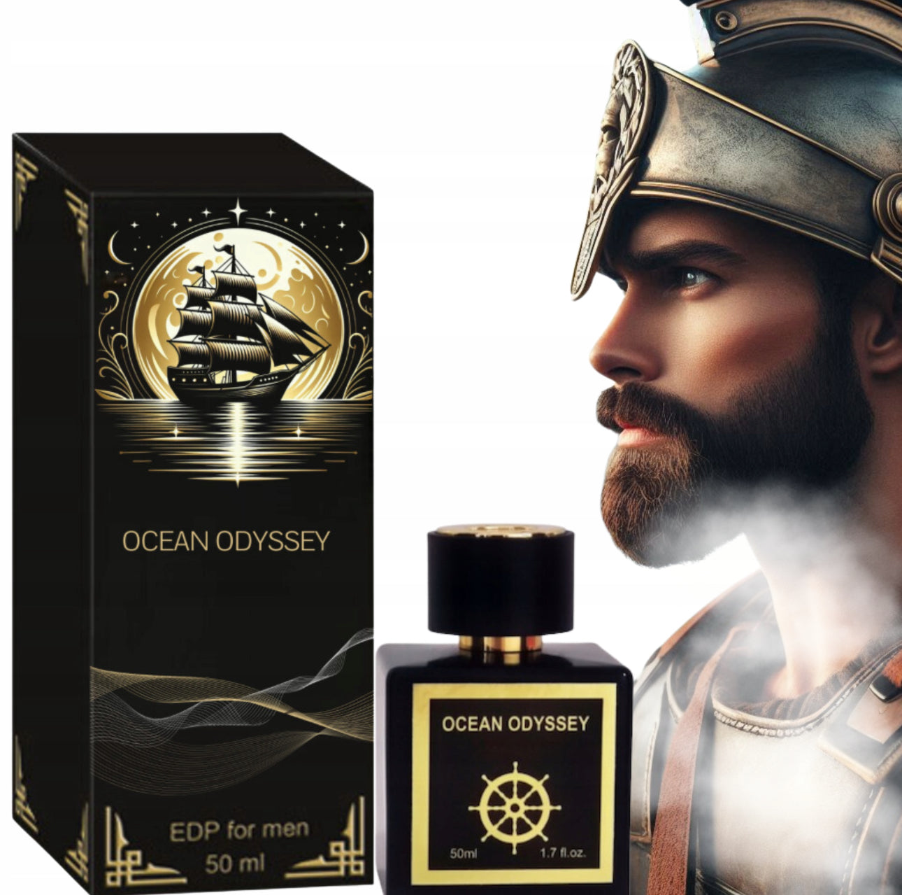 Ocean Odyssey Eau de Parfum for menn – 50 ml. Eksklusiv svart og gull flaske med luksuriøst design. Kraftig og maskulin duft med noter av mynte, svart pepper, lavendel og sedertre. Perfekt for daglig bruk og spesielle anledninger.