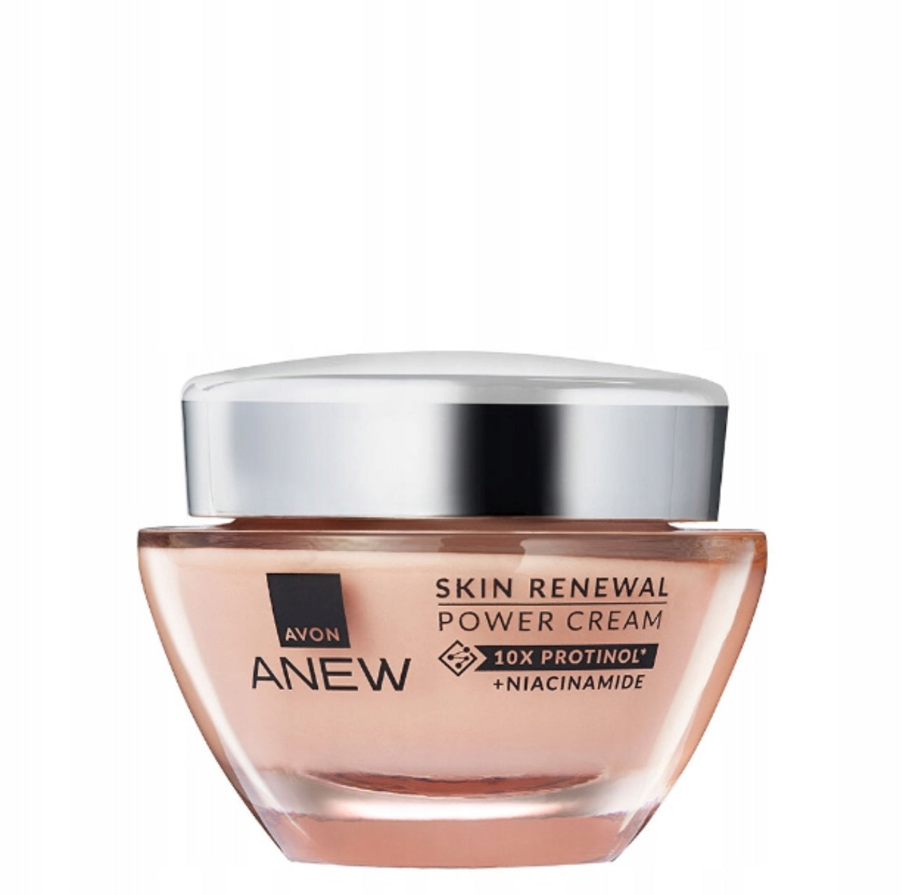 Avon Anew Skin Renewal Power Cream 50ml – anti-aging ansiktskrem med 10x Protinol™ og niacinamid. Fornyer huden, reduserer rynker og gir intens fuktighet. Elegant glasskrukke med sølvlokk, passer til alle hudtyper.